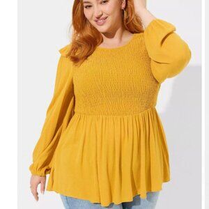 Torrid Peplum Crinkle Gauze Smocked Top Women's Size 0 Large Mustard Yellow
